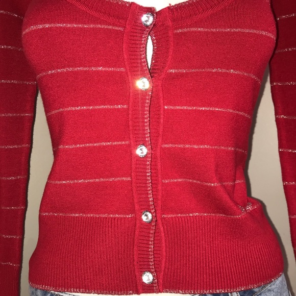 BEBE Metallic Ruby Red Crystal Button DownCardigan - Picture 8 of 16